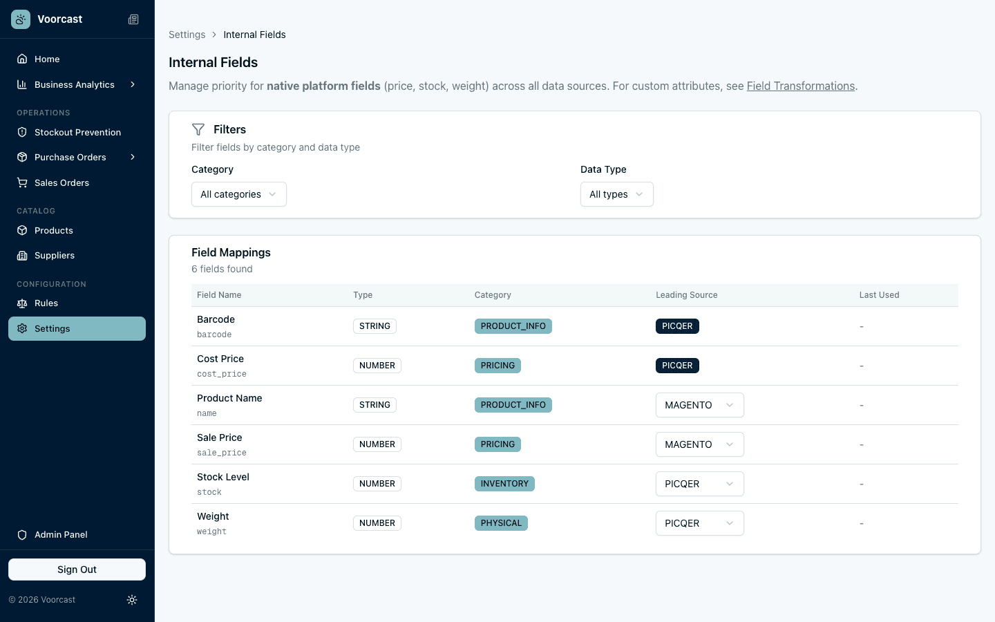 Field priority management showing platform attribute merging configuration