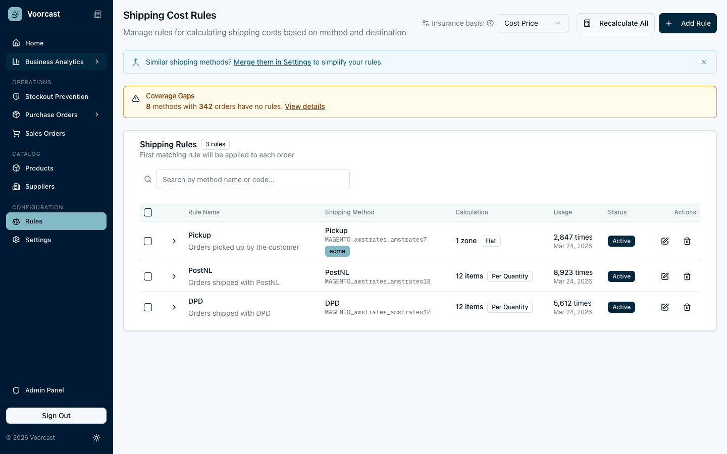 Shipping cost rules with method-based pricing