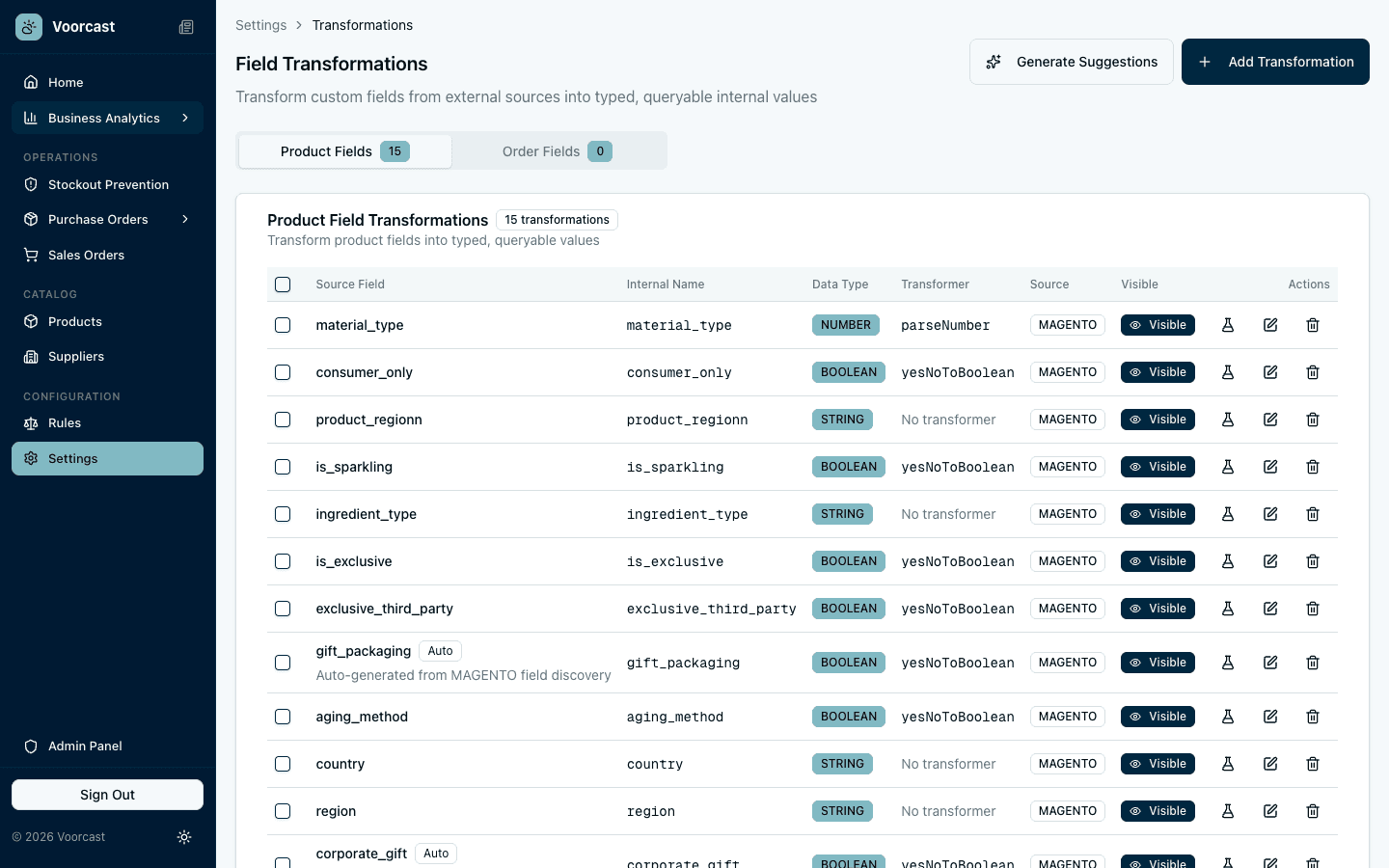 Field transformations showing Magento attribute mapping