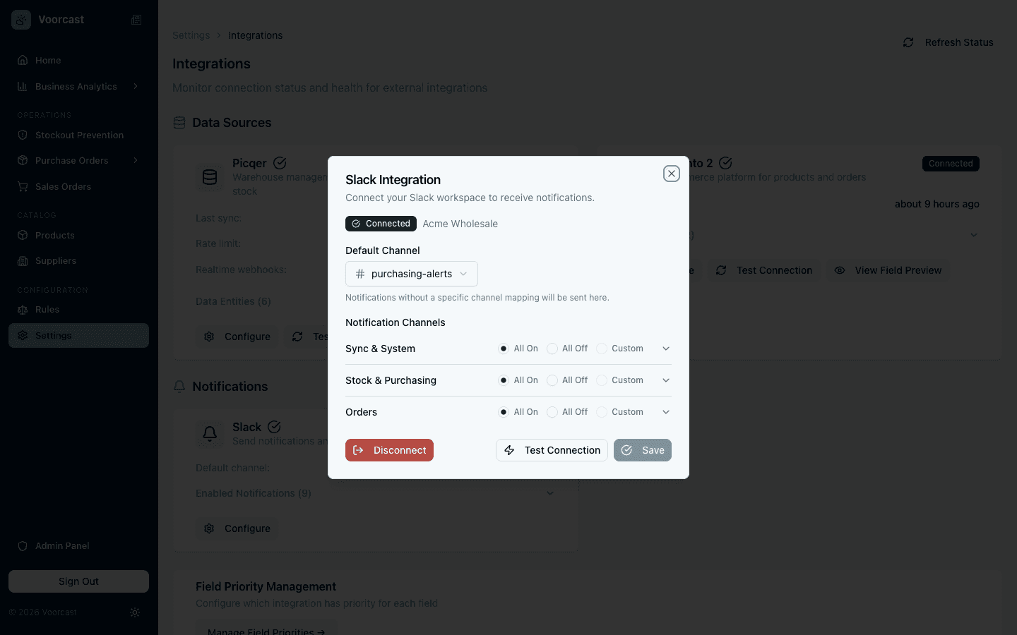 Slack configuration dialog showing channel routing and notification categories